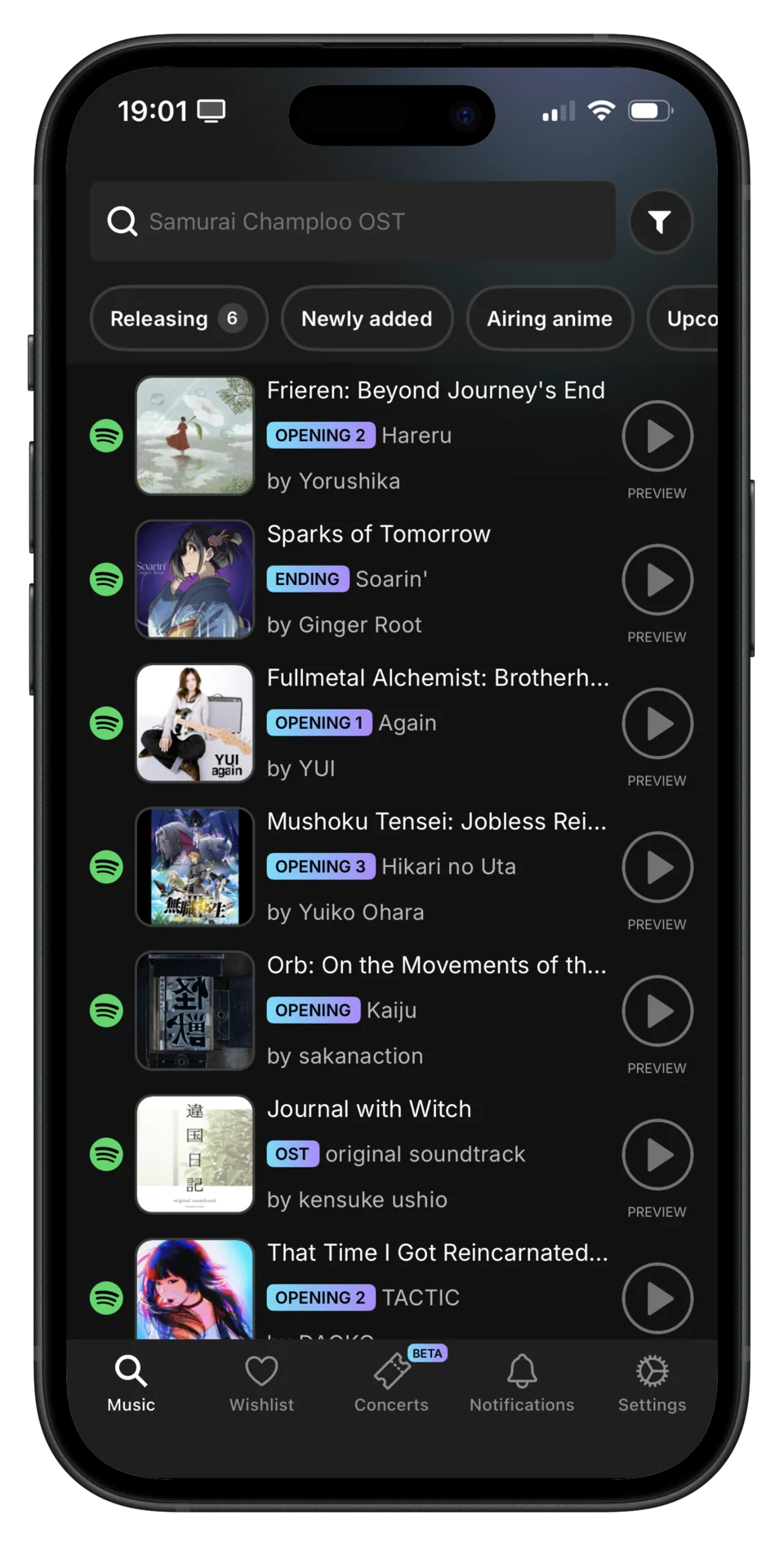 AniPlaylist app showing popular anime songs with their streaming links